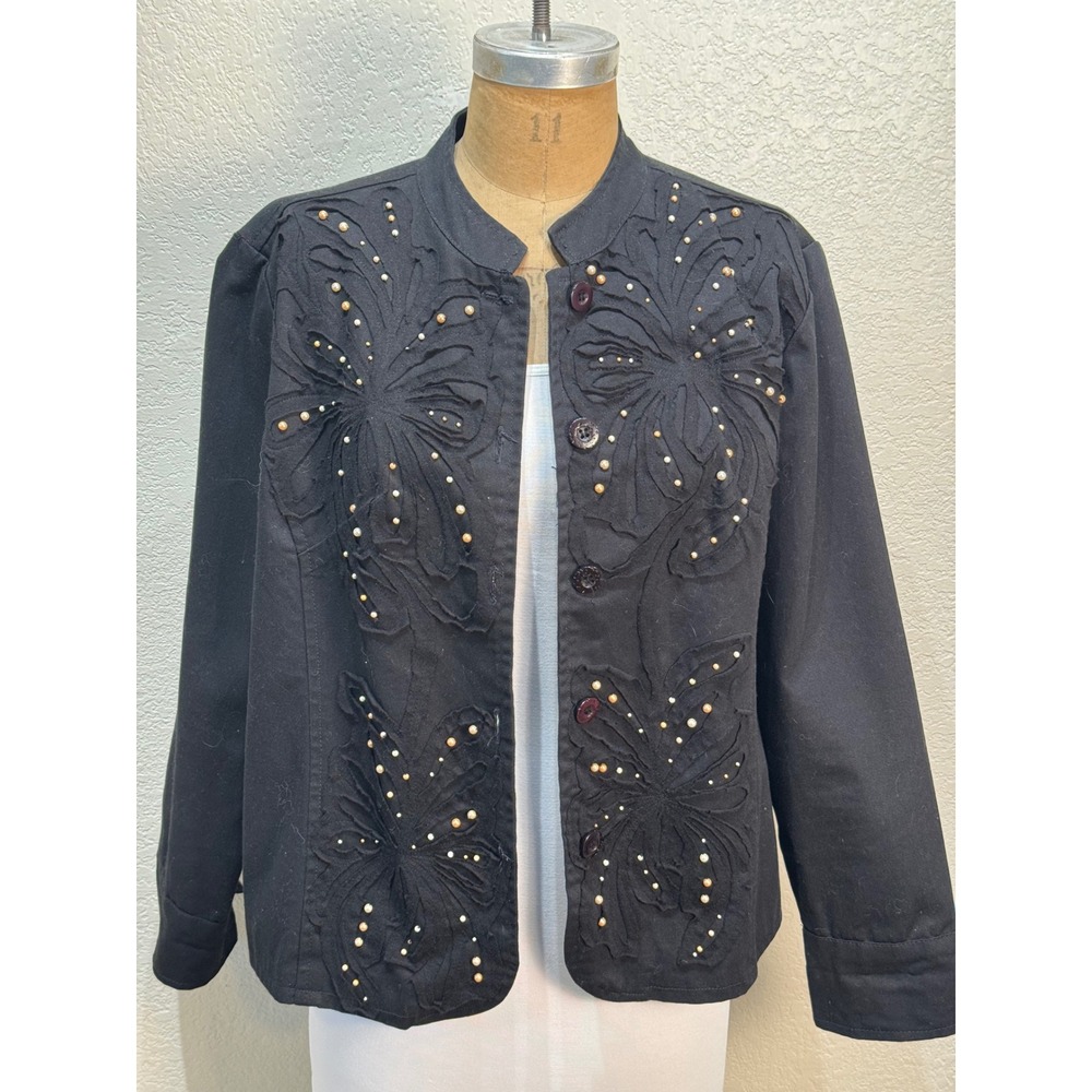 Life Style Black Cut Out Flower Beaded Collarless Jacket Women's‎ Size L